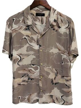 All Saints Men's Crane Print Short Sleeve Shirt - Beige & Taupe